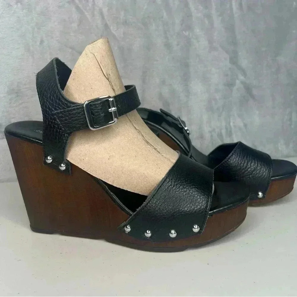 Christian Di Riccio Leather Platform Wood Clog Heel Wedge Sandals‎ Sz 7.5